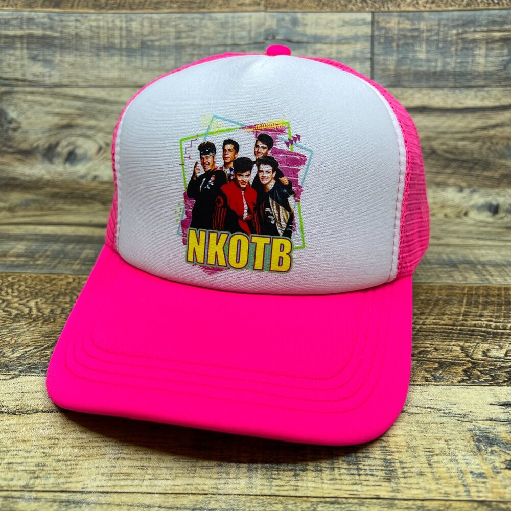 New Kids On The Block Mens Trucker Hat Pink Snapback Retro Logo 80s Music NKOTB